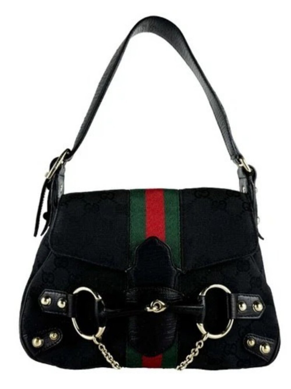 Auth GUCCI Handbag black GG canvas/leather z10781